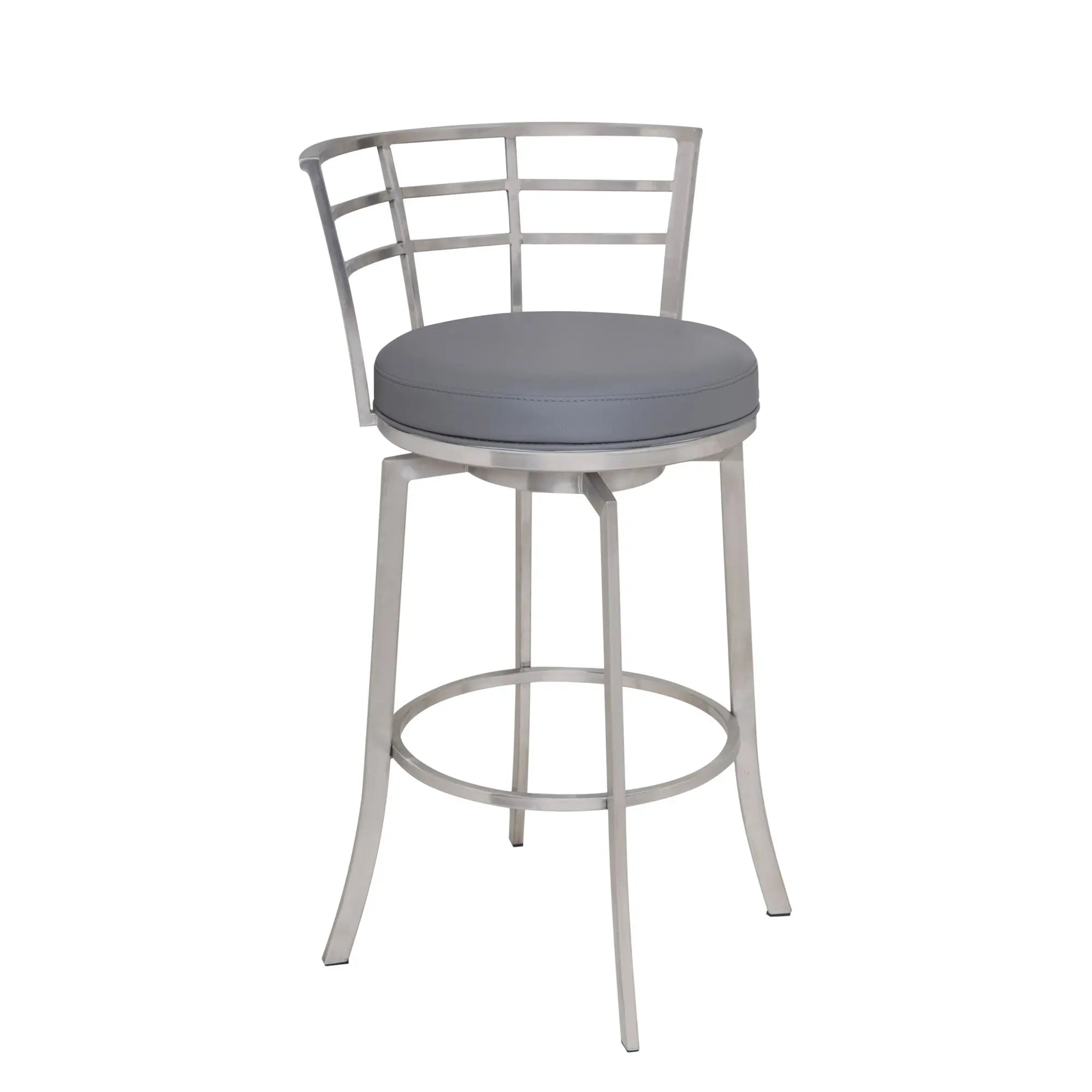 26" Gray And Silver Faux Leather And Iron Swivel Low Back Counter Height Bar Chair Homeroots Living Room