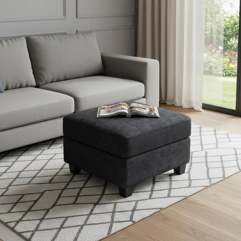 26" Gray and Black Chenille Storage Ottoman Homeroots Living Room