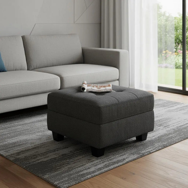26" Gray and Black Solid Wood and Linen Tufted Storage Ottoman Homeroots Living Room