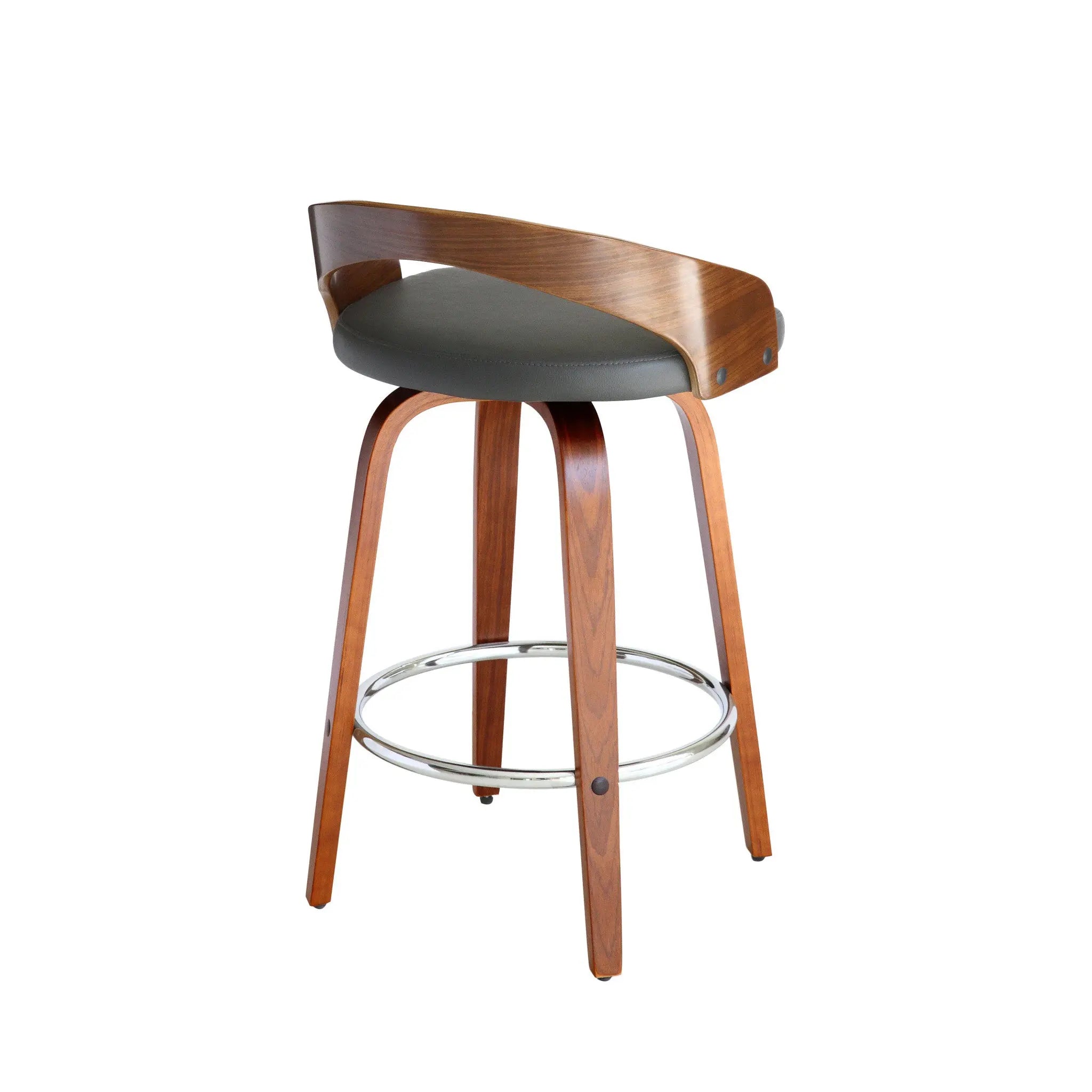26" Gray and Brown Faux Leather and Iron Low Back Counter Height Swivel Bar Chair Homeroots Living Room