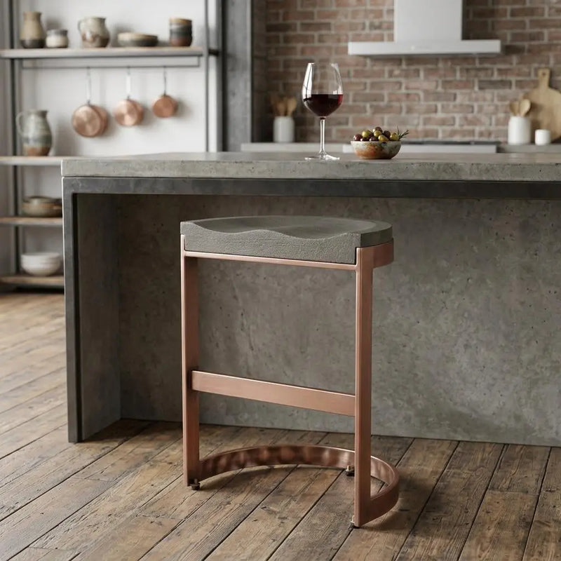 26" Gray and Copper Solid Wood and Iron Backless Counter Height Bar Chair Homeroots Living Room
