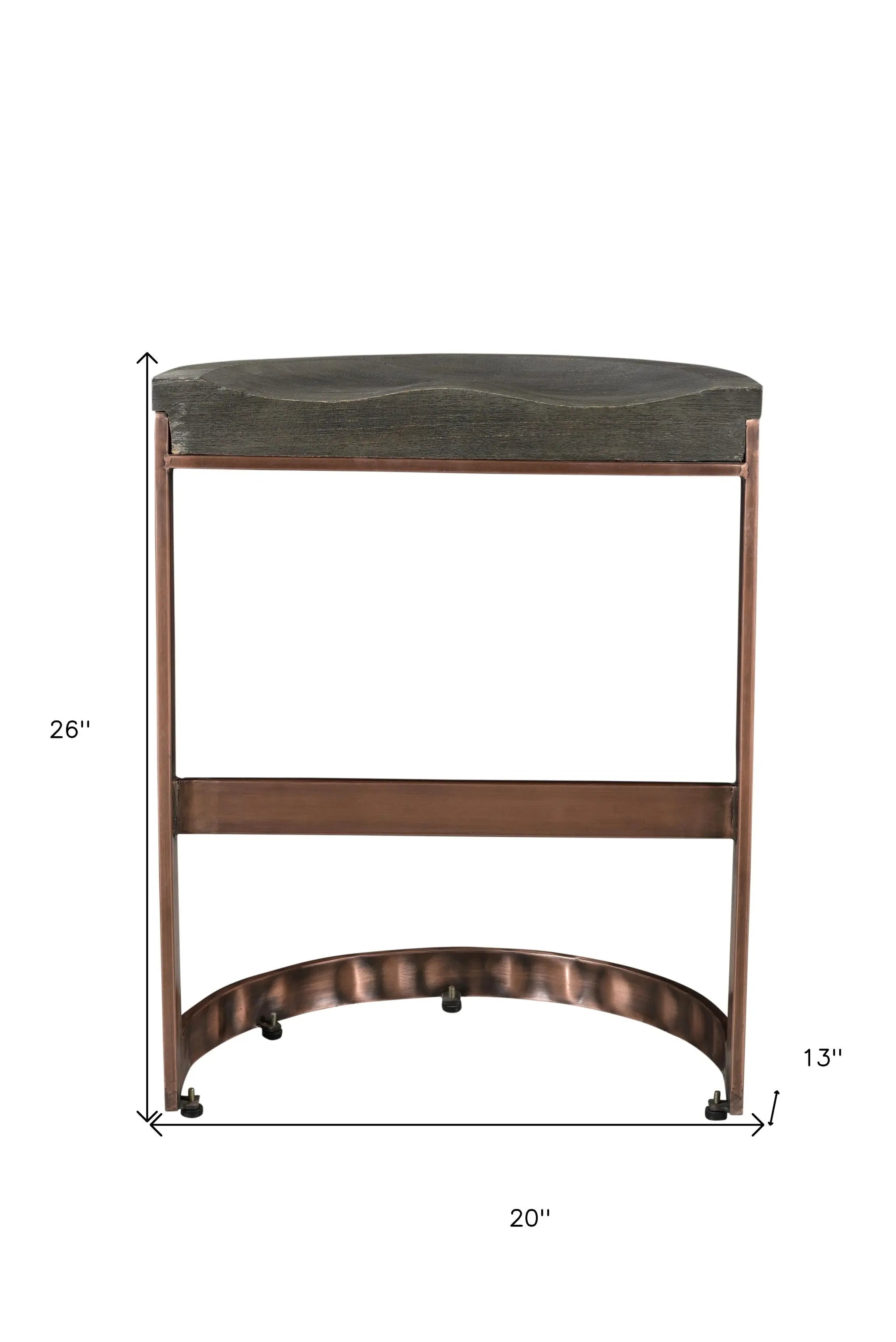 26" Gray and Copper Solid Wood and Iron Backless Counter Height Bar Chair Homeroots Living Room
