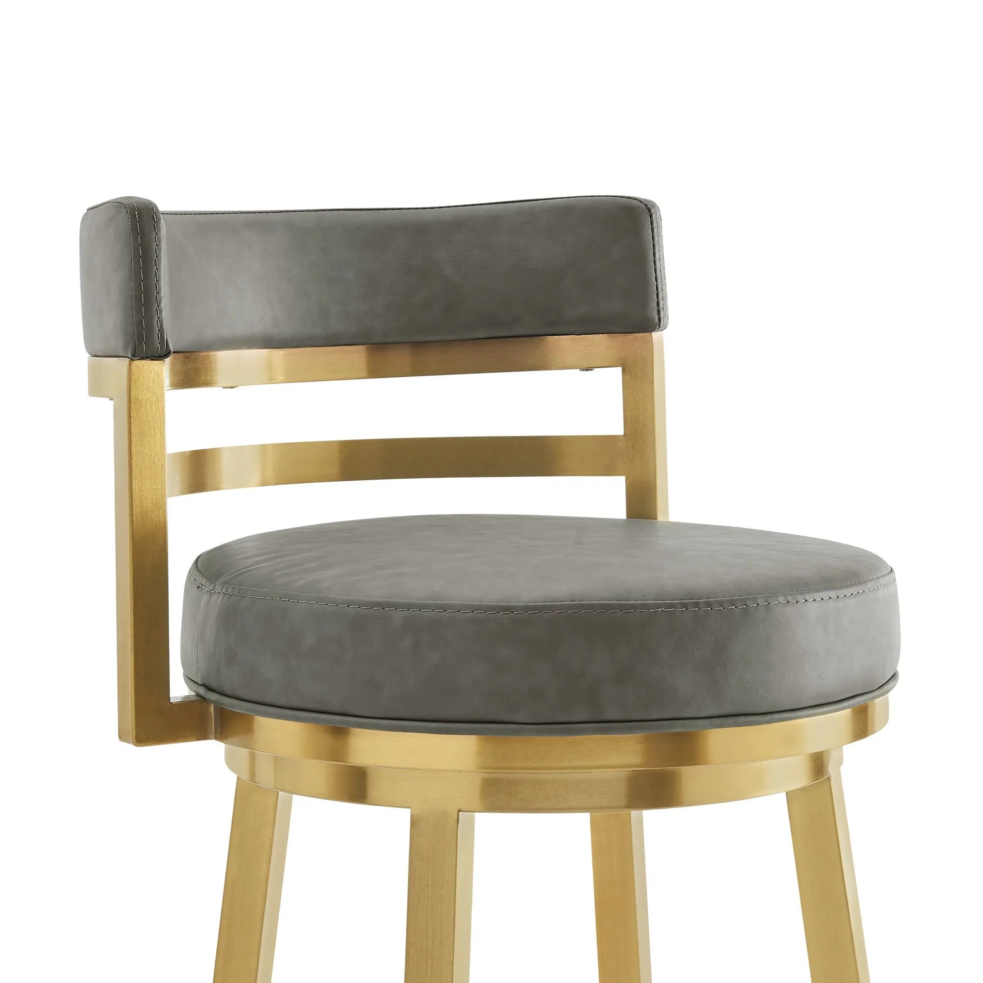 26" Gray and Gold Faux Leather and Stainless Steel Low Back Counter Height Swivel Bar Chair Homeroots Living Room