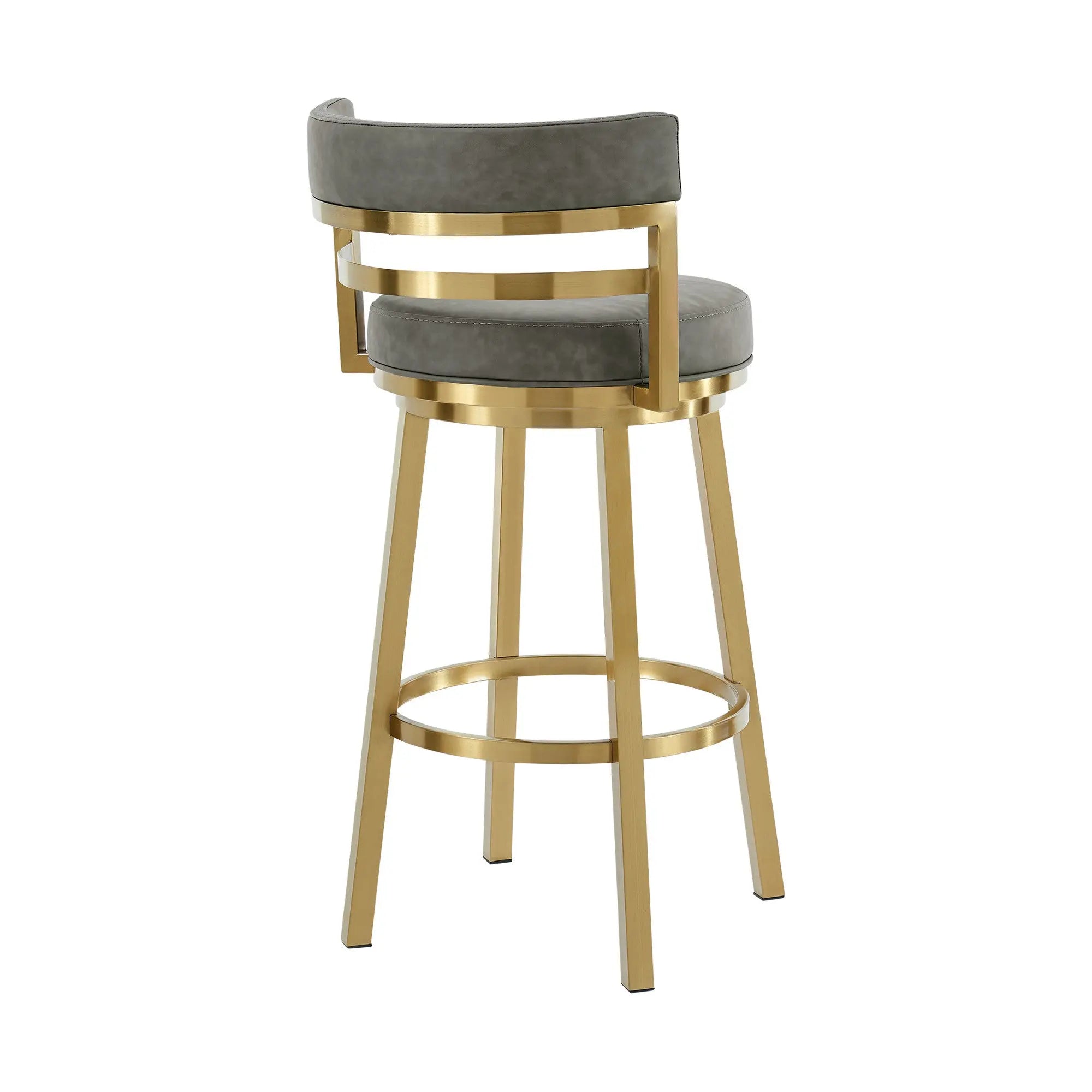 26" Gray and Gold Faux Leather and Stainless Steel Low Back Counter Height Swivel Bar Chair Homeroots Living Room