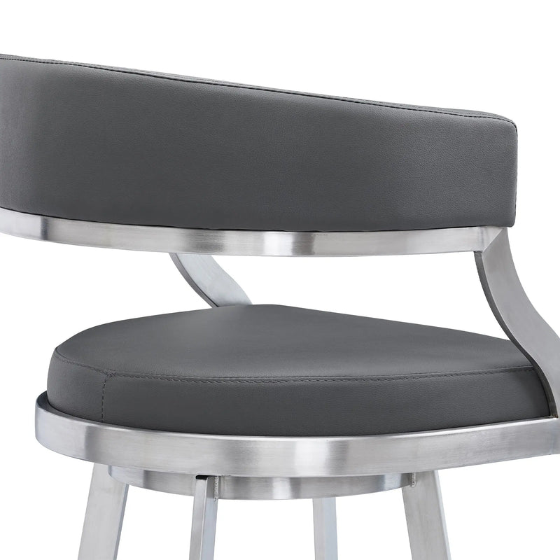 26" Gray and Silver Faux Leather and Iron Low Back Counter Height Swivel Bar Chair Homeroots Living Room
