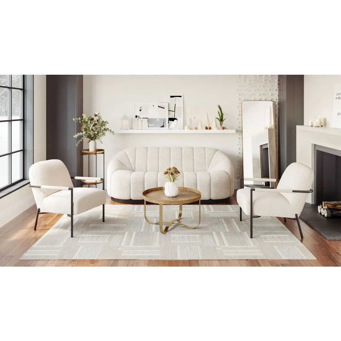 26" Ivory And Black Faux Shearling And Upholstered Arm Chair Homeroots Living Room
