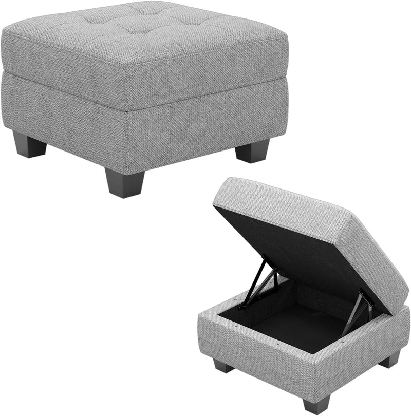 26" Light Gray and Black Linen Tufted Storage Ottoman Homeroots Living Room