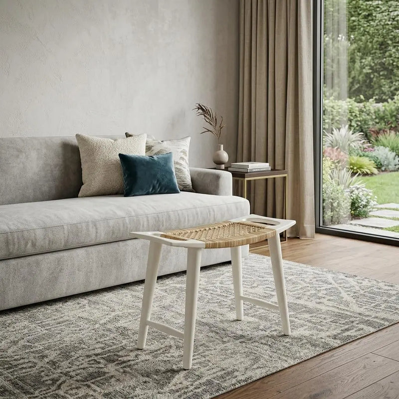 26" Natural and White Solid Wood Footstool Homeroots Living Room