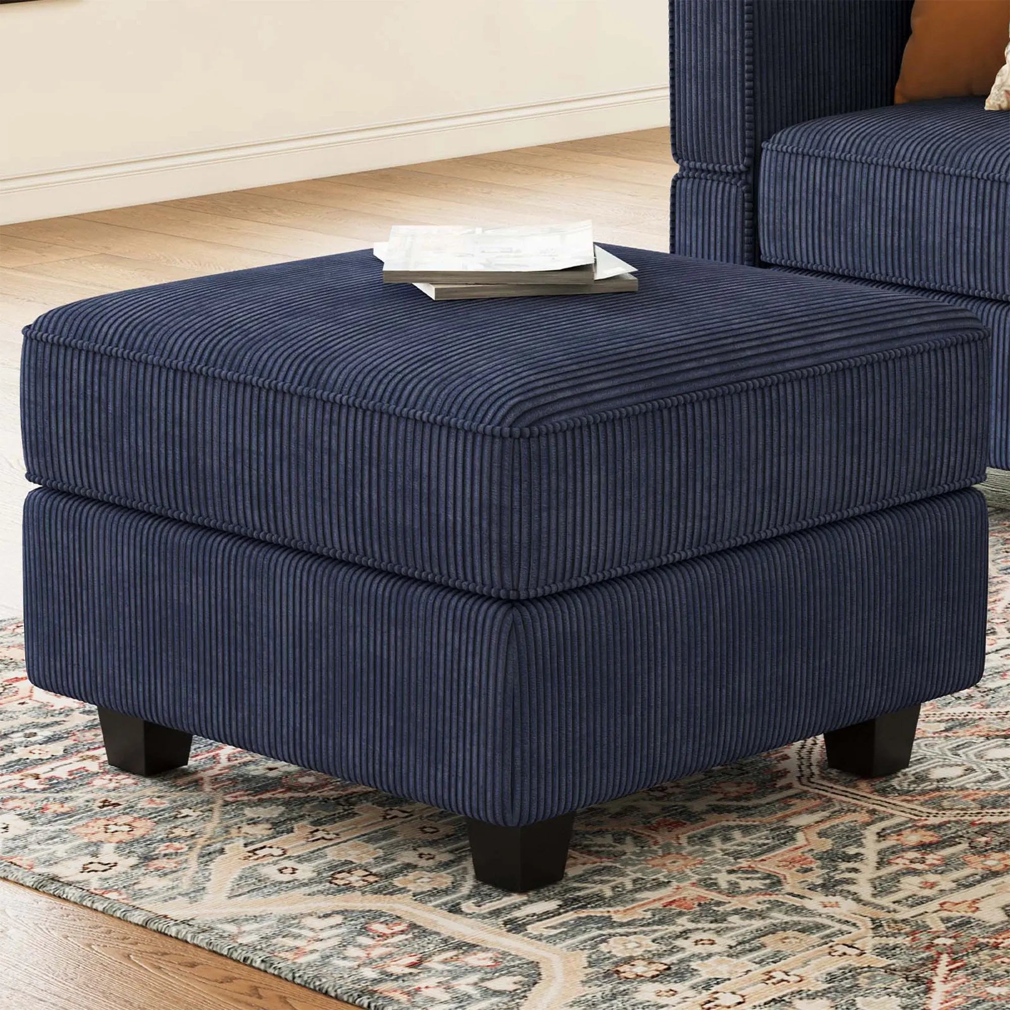 26" Navy Blue and Black Corduroy Storage Ottoman Homeroots Living Room