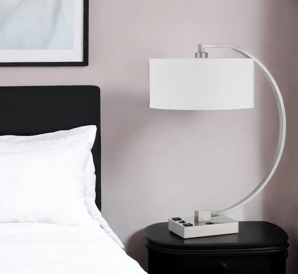 26" Nickel Metal Lantern Desk USB Table Lamp With White Shade Homeroots Lighting