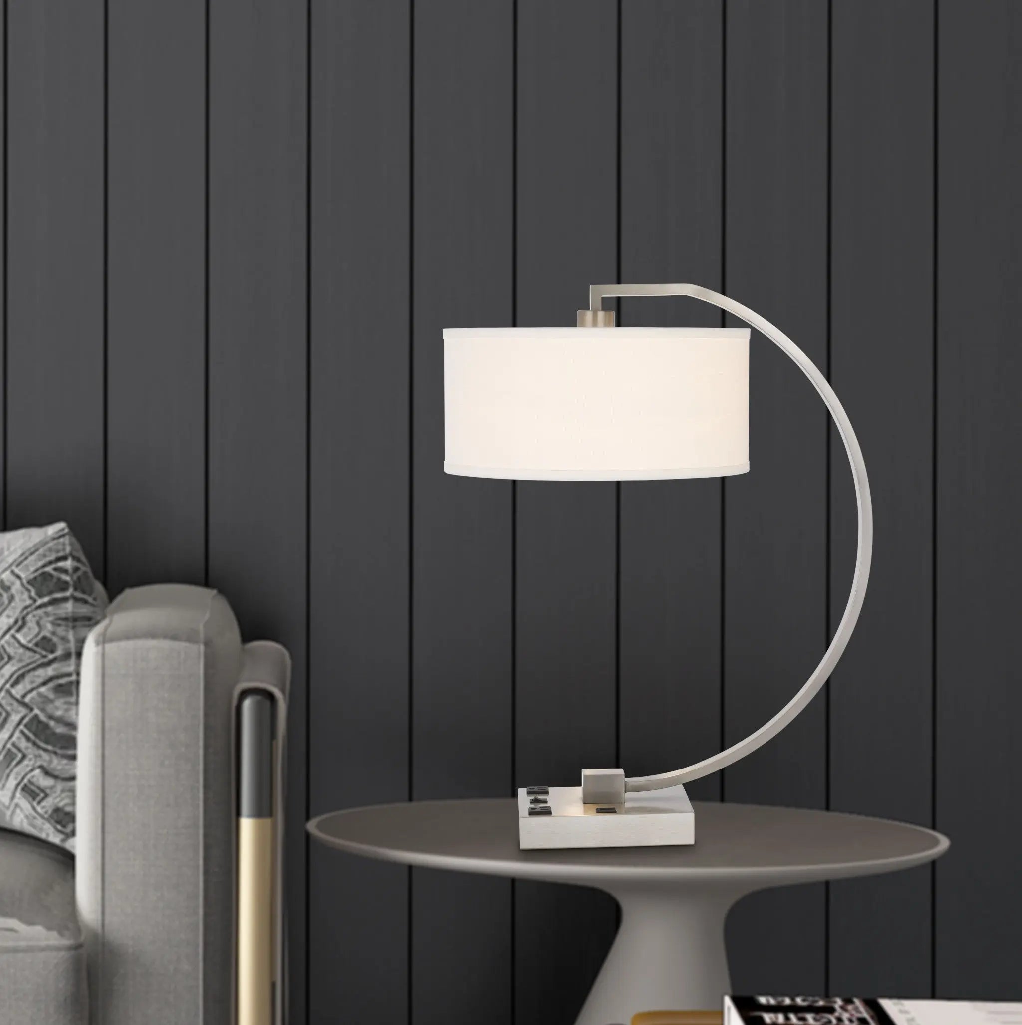 26" Nickel Metal Lantern Desk USB Table Lamp With White Shade Homeroots Lighting