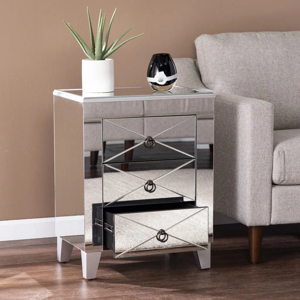 26" Silver End Table With Three Drawers Homeroots Living Room