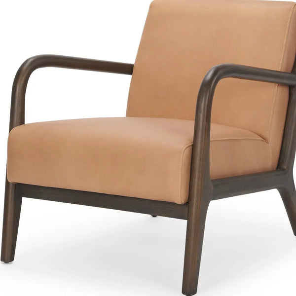 26" Tan and Dark Brown Genuine Leather and Solid Wood Arm Chair Homeroots Living Room