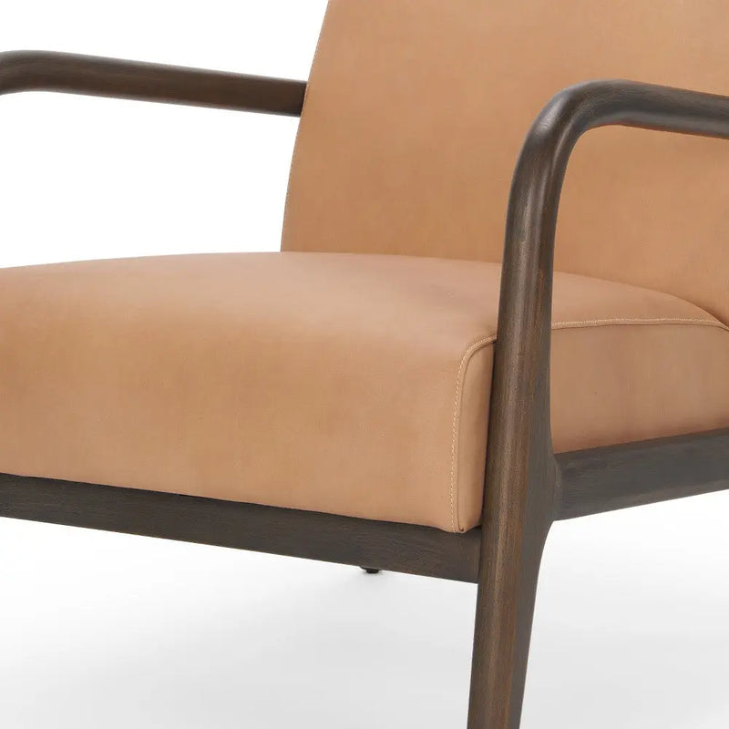 26" Tan and Dark Brown Genuine Leather and Solid Wood Arm Chair Homeroots Living Room
