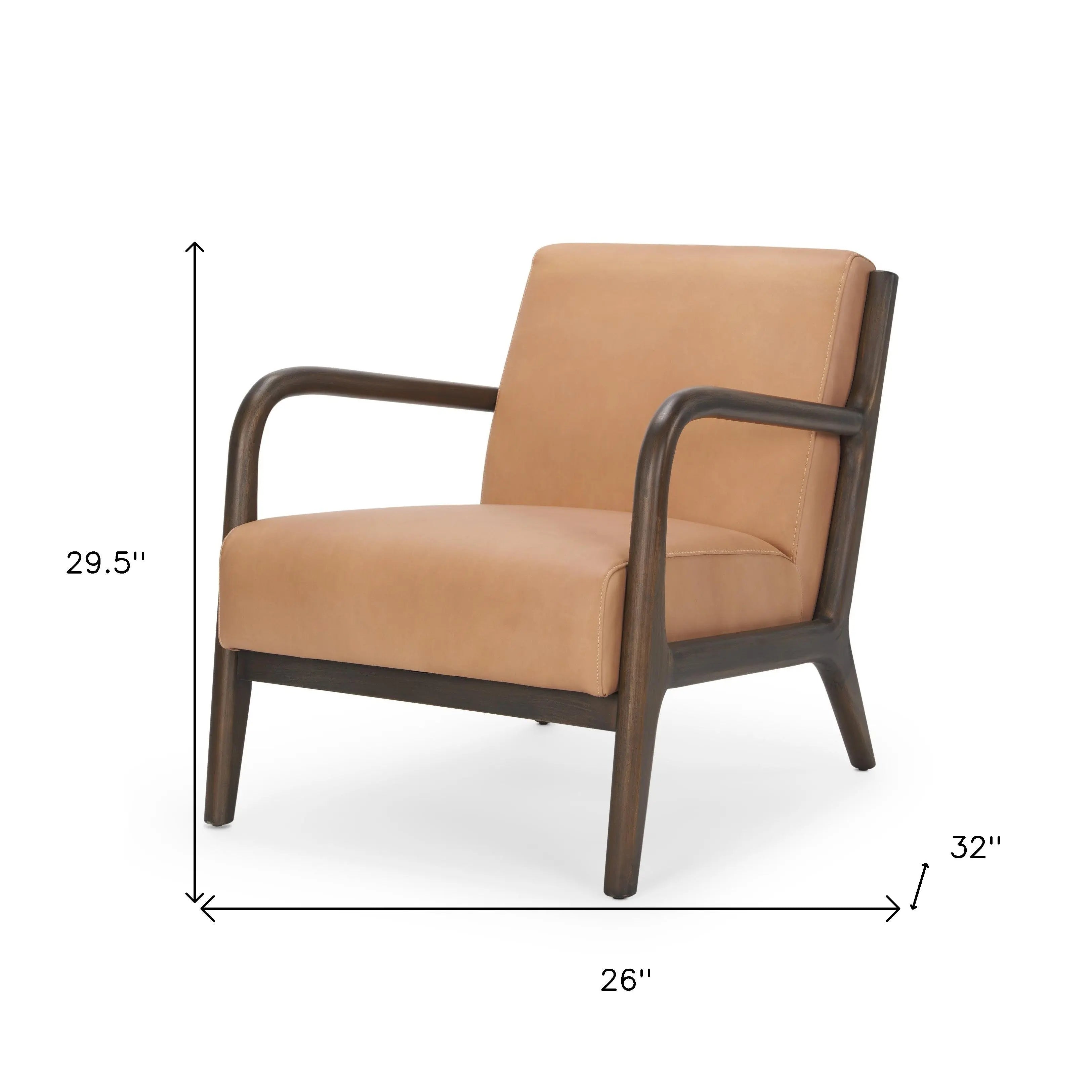 26" Tan and Dark Brown Genuine Leather and Solid Wood Arm Chair Homeroots Living Room