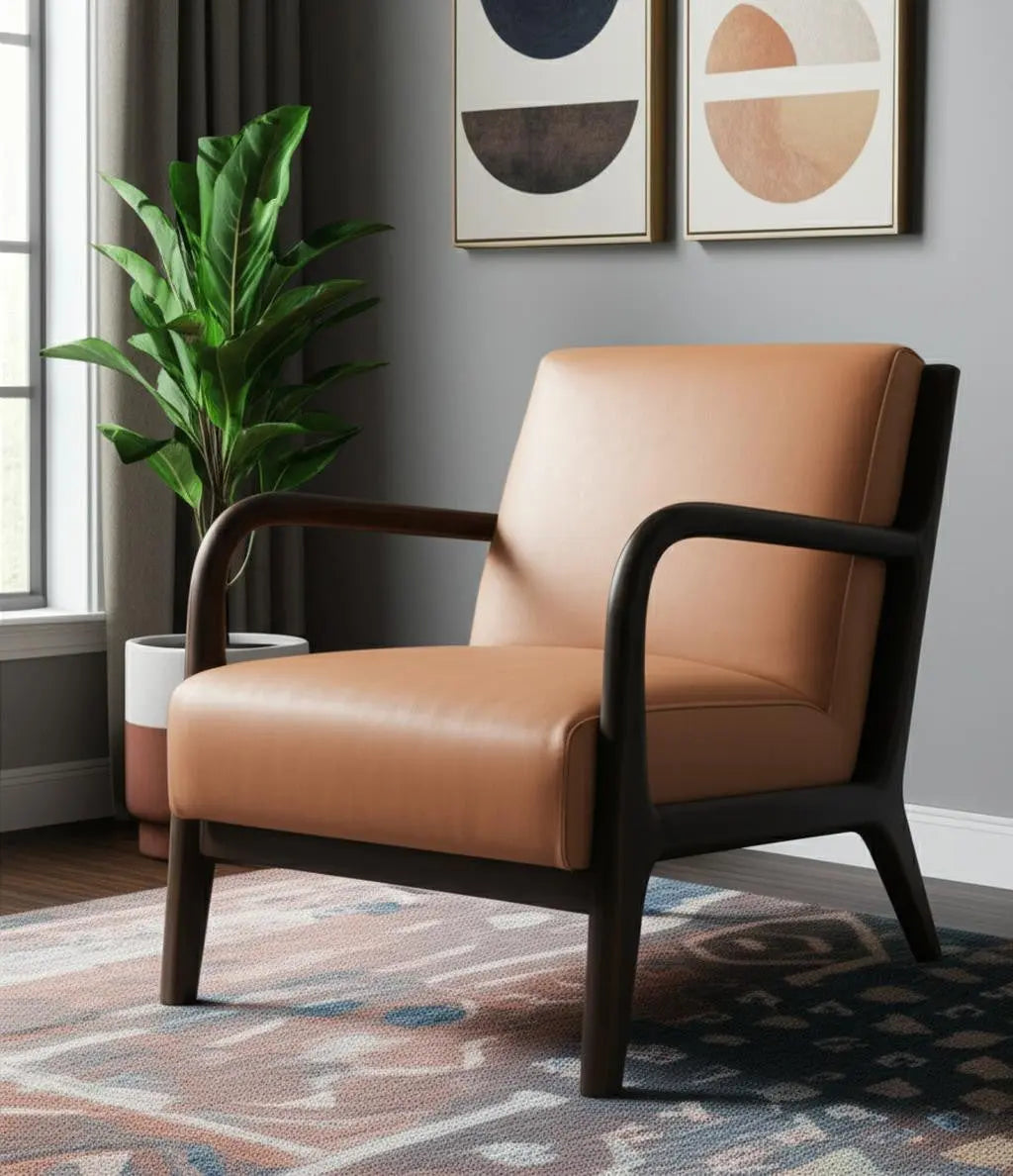 26" Tan and Dark Brown Genuine Leather and Solid Wood Arm Chair Homeroots Living Room
