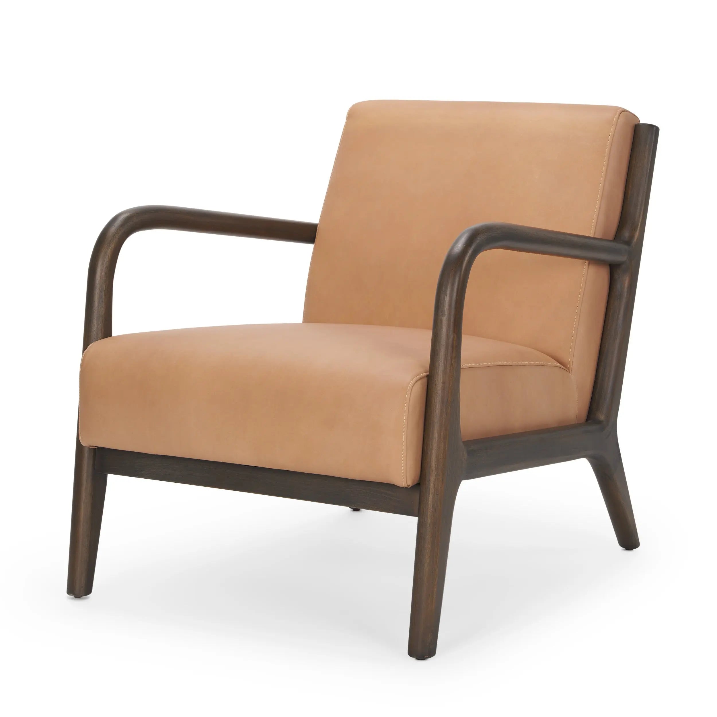 26" Tan and Dark Brown Genuine Leather and Solid Wood Arm Chair Homeroots Living Room