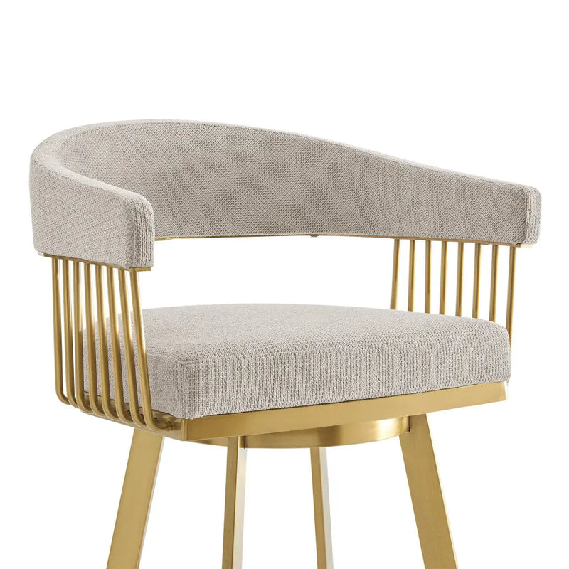 26" Taupe and Gold Fabric and Stainless Steel Low Back Counter Height Swivel Bar Chair Homeroots Living Room