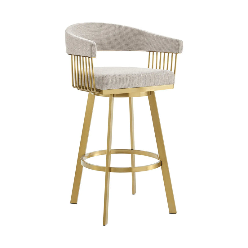 Modern beige upholstered bar stool with gold metal frame and curved backrest, perfect for contemporary dining spaces.