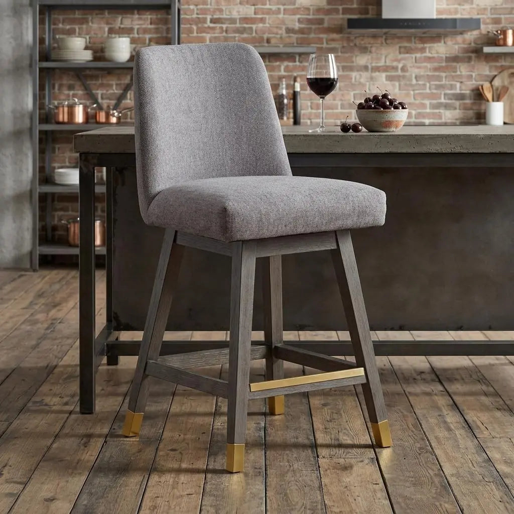 26" Taupe and Gray Solid Wood Counter Height Swivel Bar Chair Homeroots Living Room