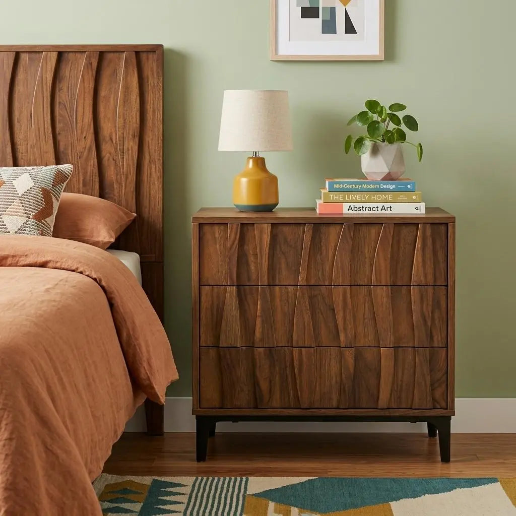 26" Walnut Wood Ribbed Texture Three Drawer Nightstand Homeroots Bed & Bath