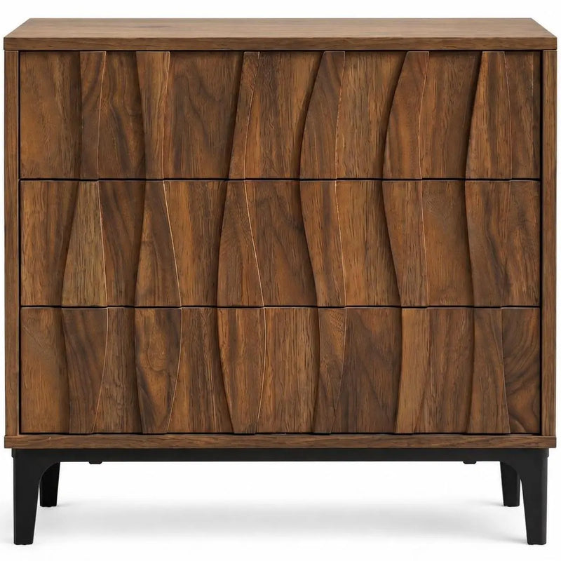 26" Walnut Wood Ribbed Texture Three Drawer Nightstand Homeroots Bed & Bath