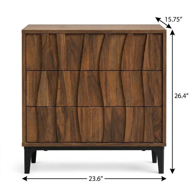 26" Walnut Wood Ribbed Texture Three Drawer Nightstand Homeroots Bed & Bath