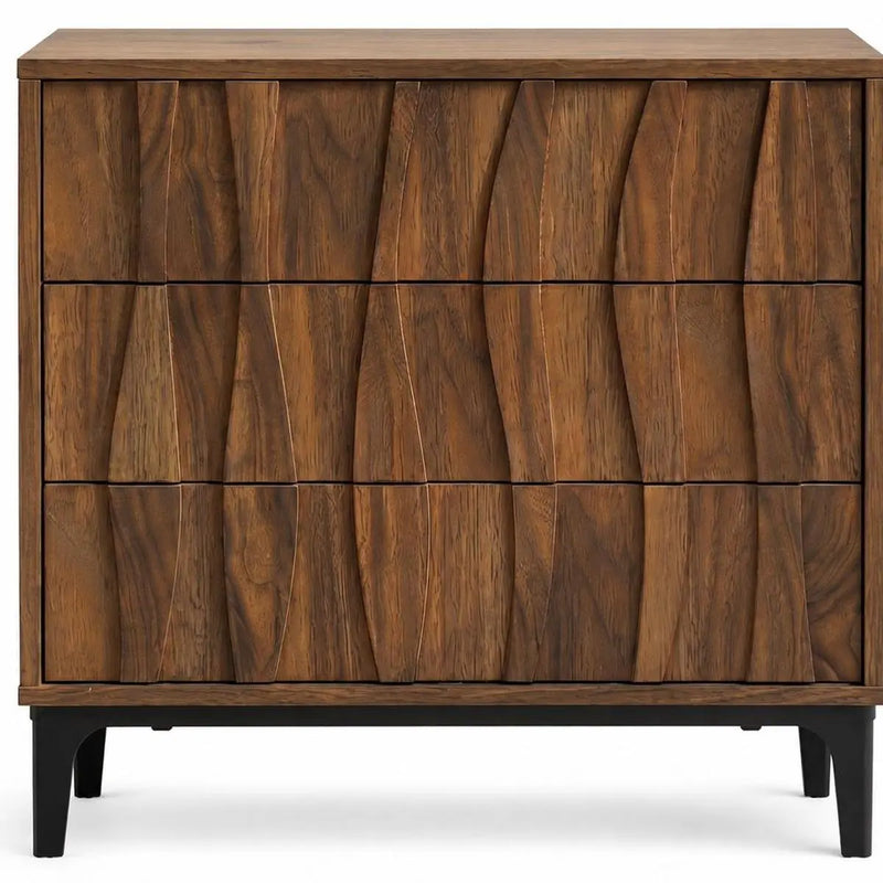26" Walnut Wood Ribbed Texture Three Drawer Nightstand Homeroots Bed & Bath