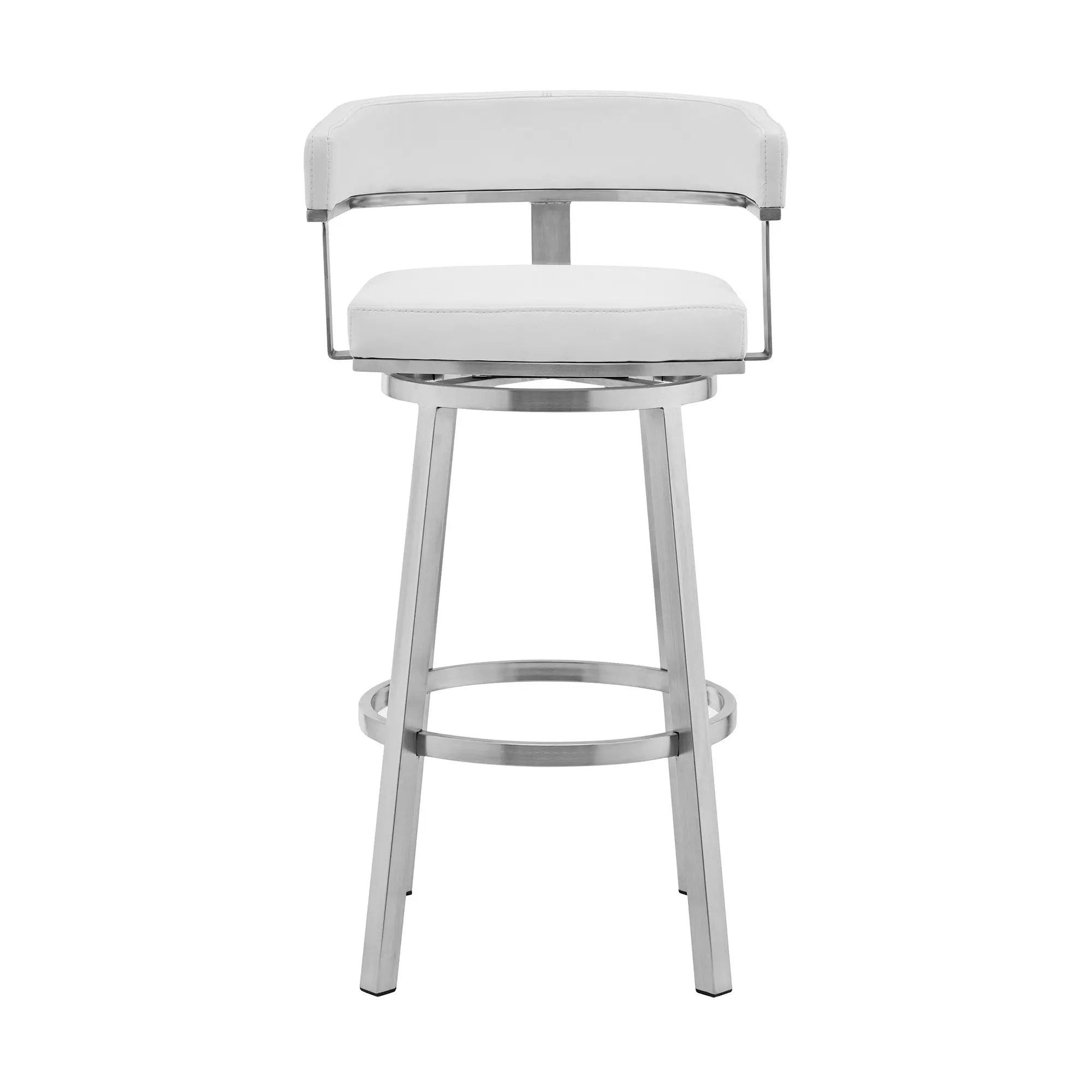 26" White And Silver Faux Leather And Stainless Steel Low Back Counter Height Swivel Bar Chair Homeroots Living Room