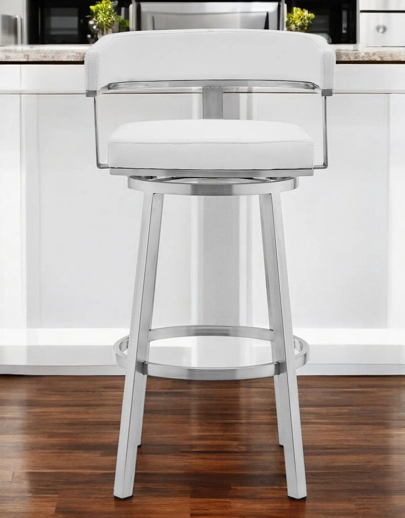 26" White And Silver Faux Leather And Stainless Steel Low Back Counter Height Swivel Bar Chair Homeroots Living Room