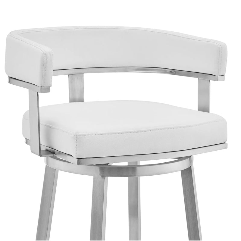 26" White And Silver Faux Leather And Stainless Steel Low Back Counter Height Swivel Bar Chair Homeroots Living Room