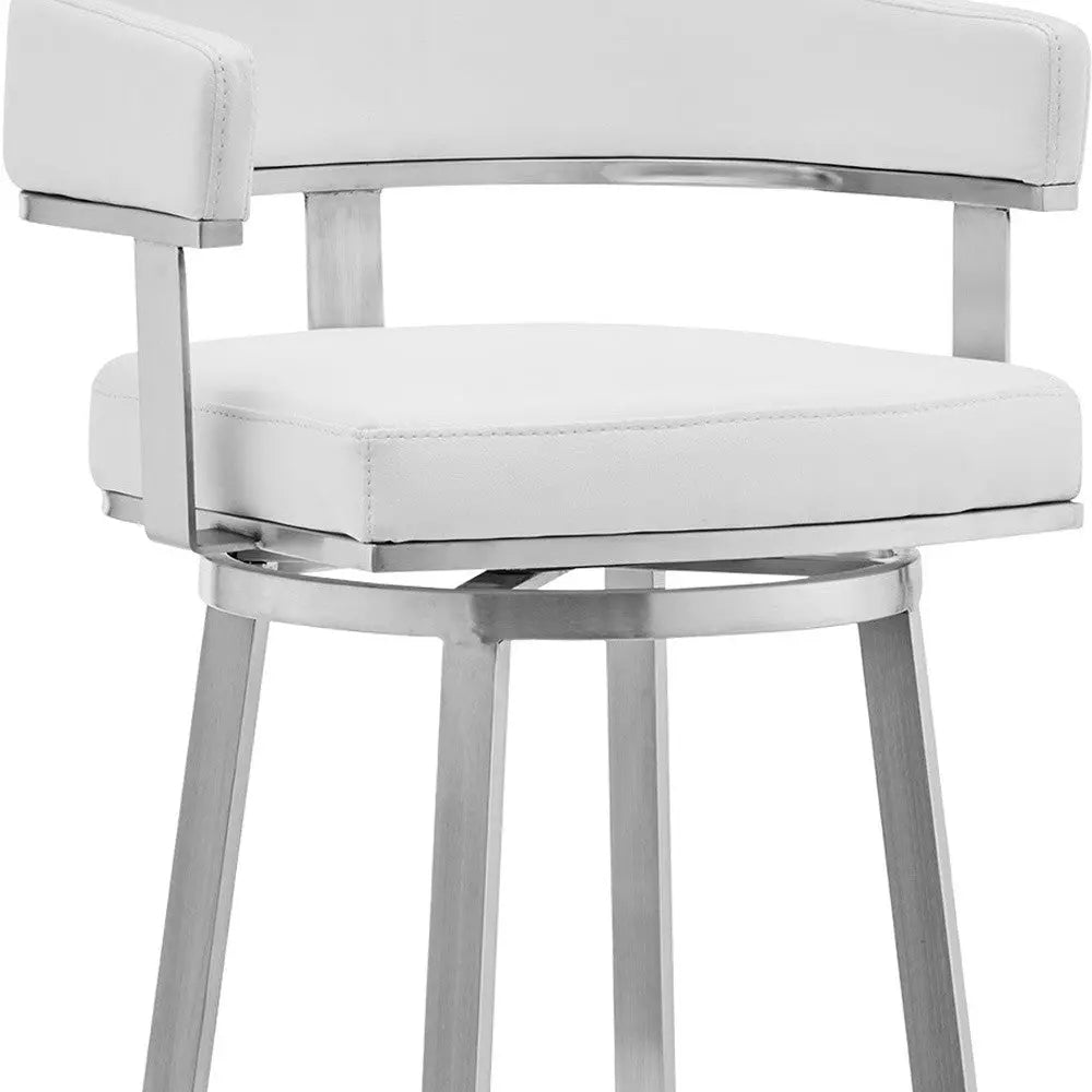 26" White And Silver Faux Leather And Stainless Steel Low Back Counter Height Swivel Bar Chair Homeroots Living Room