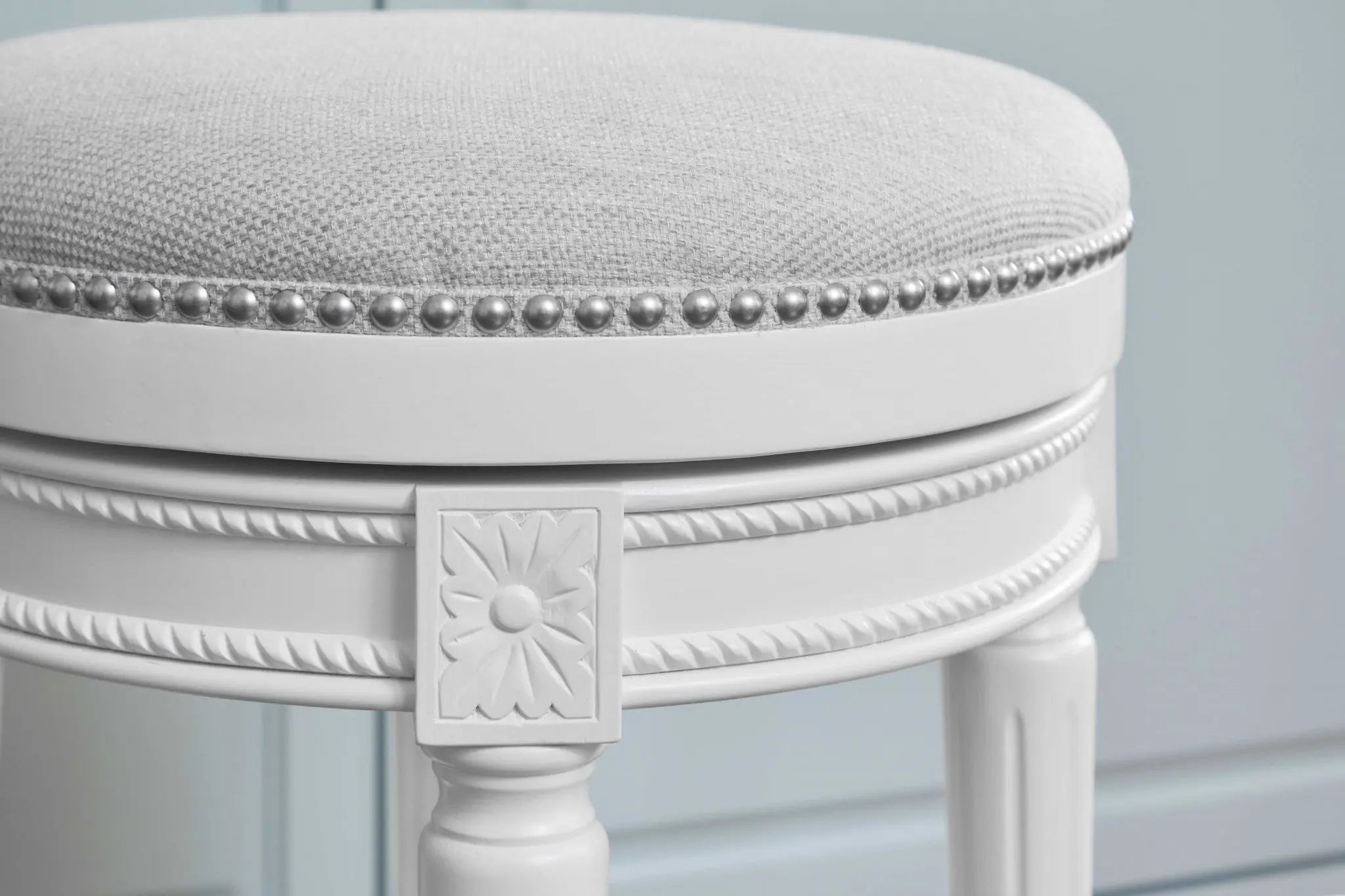 26" White Solid Wood and Fabric Backless Counter Height Swivel Bar Chair Homeroots Living Room