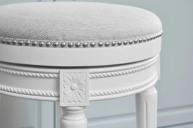 26" White Solid Wood and Fabric Backless Counter Height Swivel Bar Chair Homeroots Living Room