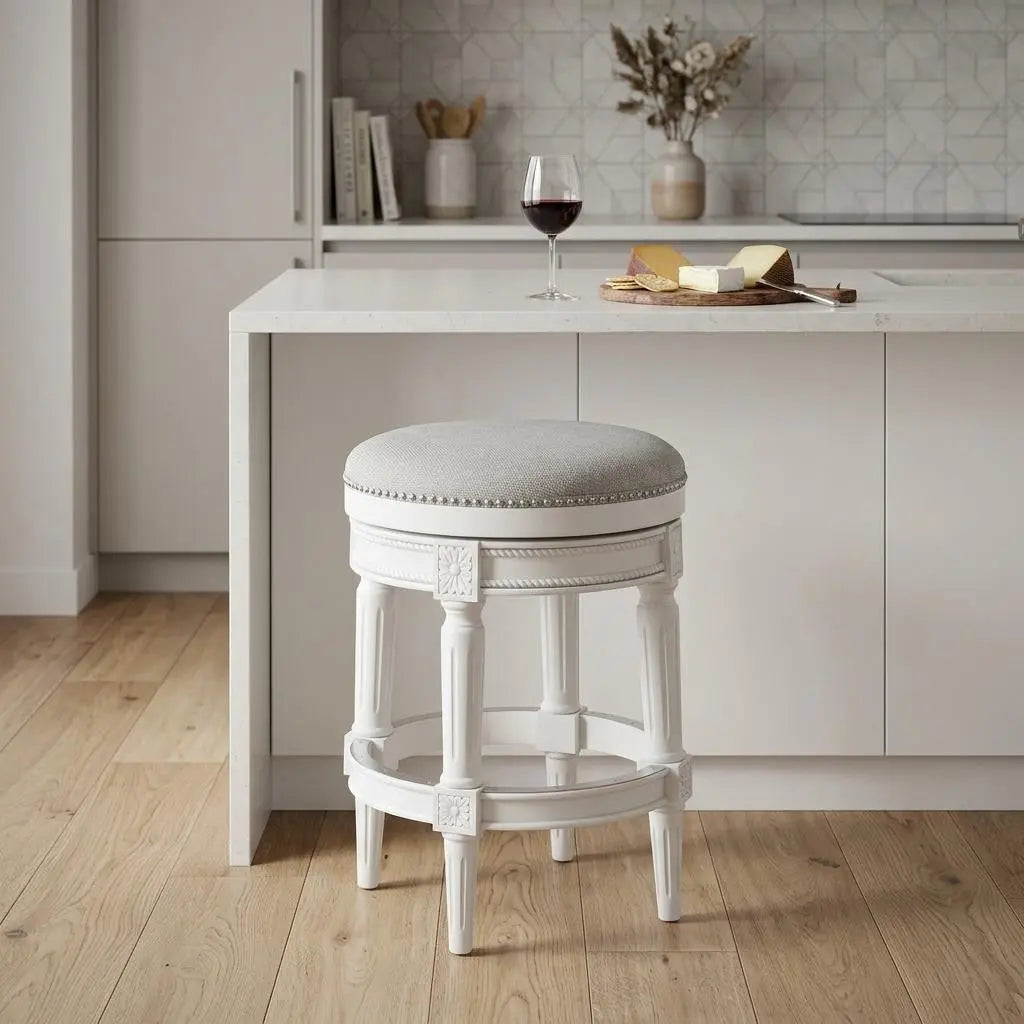 26" White Solid Wood and Fabric Backless Counter Height Swivel Bar Chair Homeroots Living Room