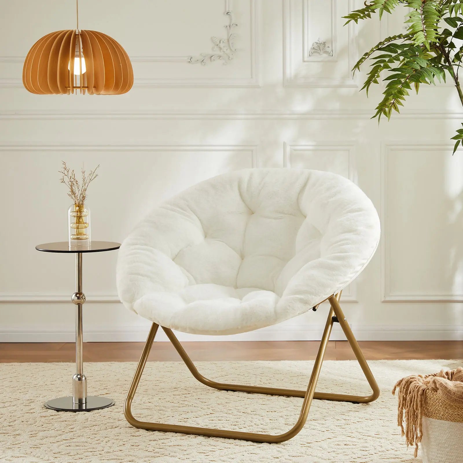 26" White and Bronze Tufted Faux Fur and Metal Lounge Chair Homeroots Living Room