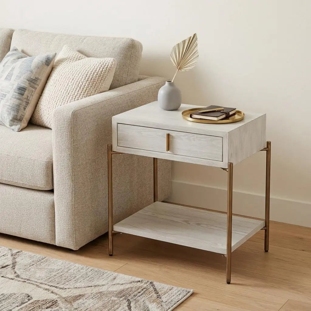 26" White and Bronze Wood and Steel End Table With Drawer And Shelf Homeroots Living Room