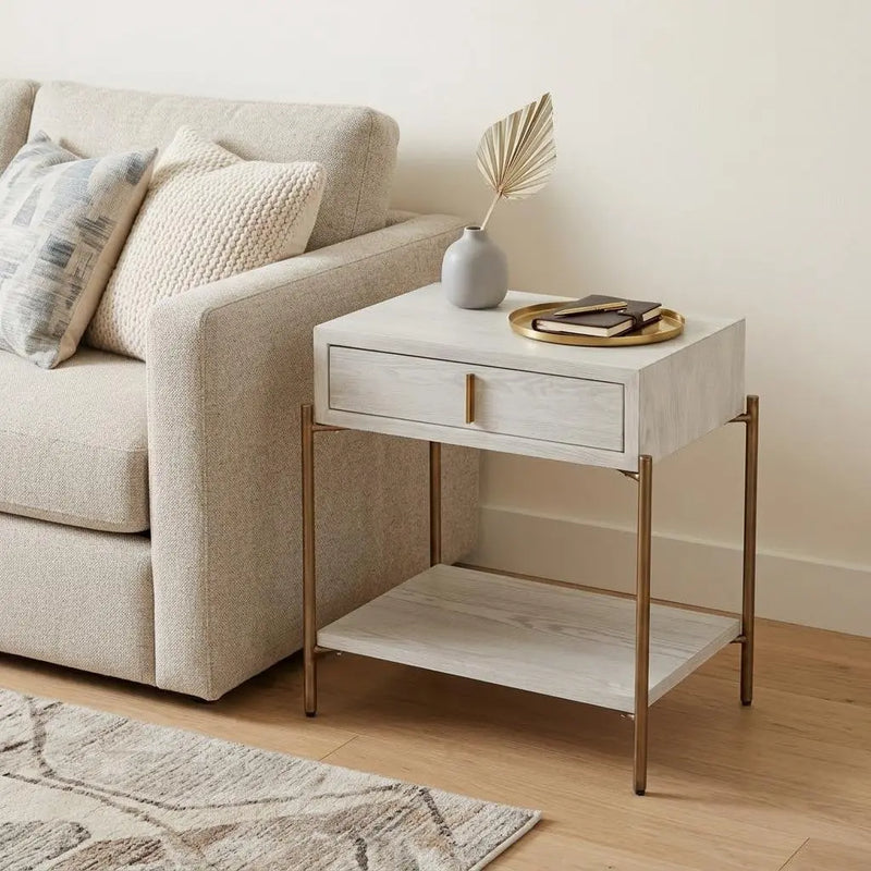 26" White and Bronze Wood and Steel End Table With Drawer And Shelf Homeroots Living Room