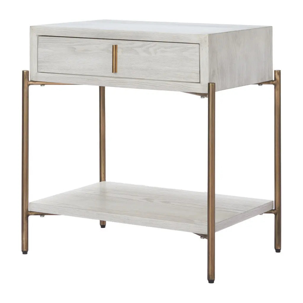26" White and Bronze Wood and Steel End Table With Drawer And Shelf Homeroots Living Room