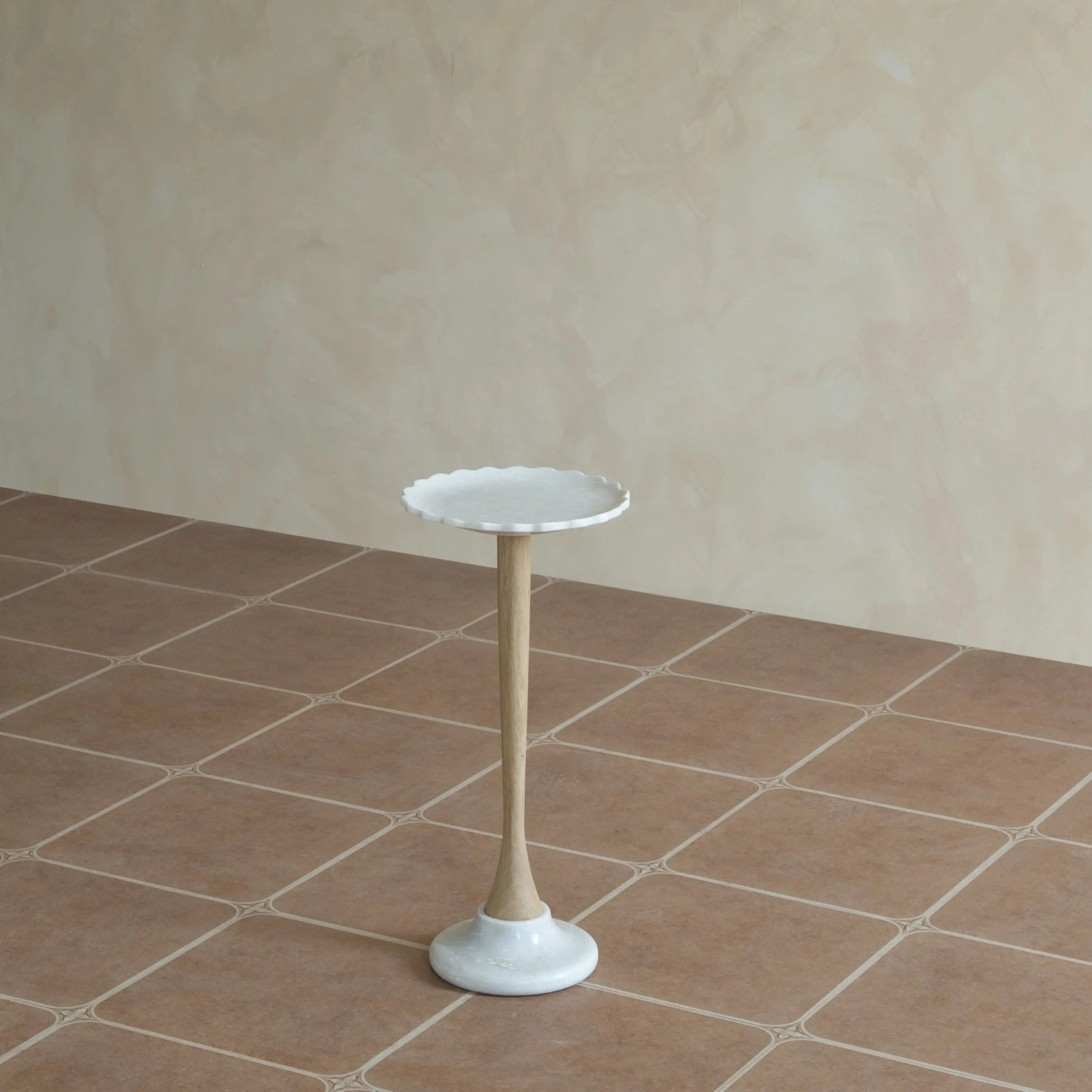 26" White and Brown Marble and Solid Wood Round Pedestal End Table Homeroots Living Room