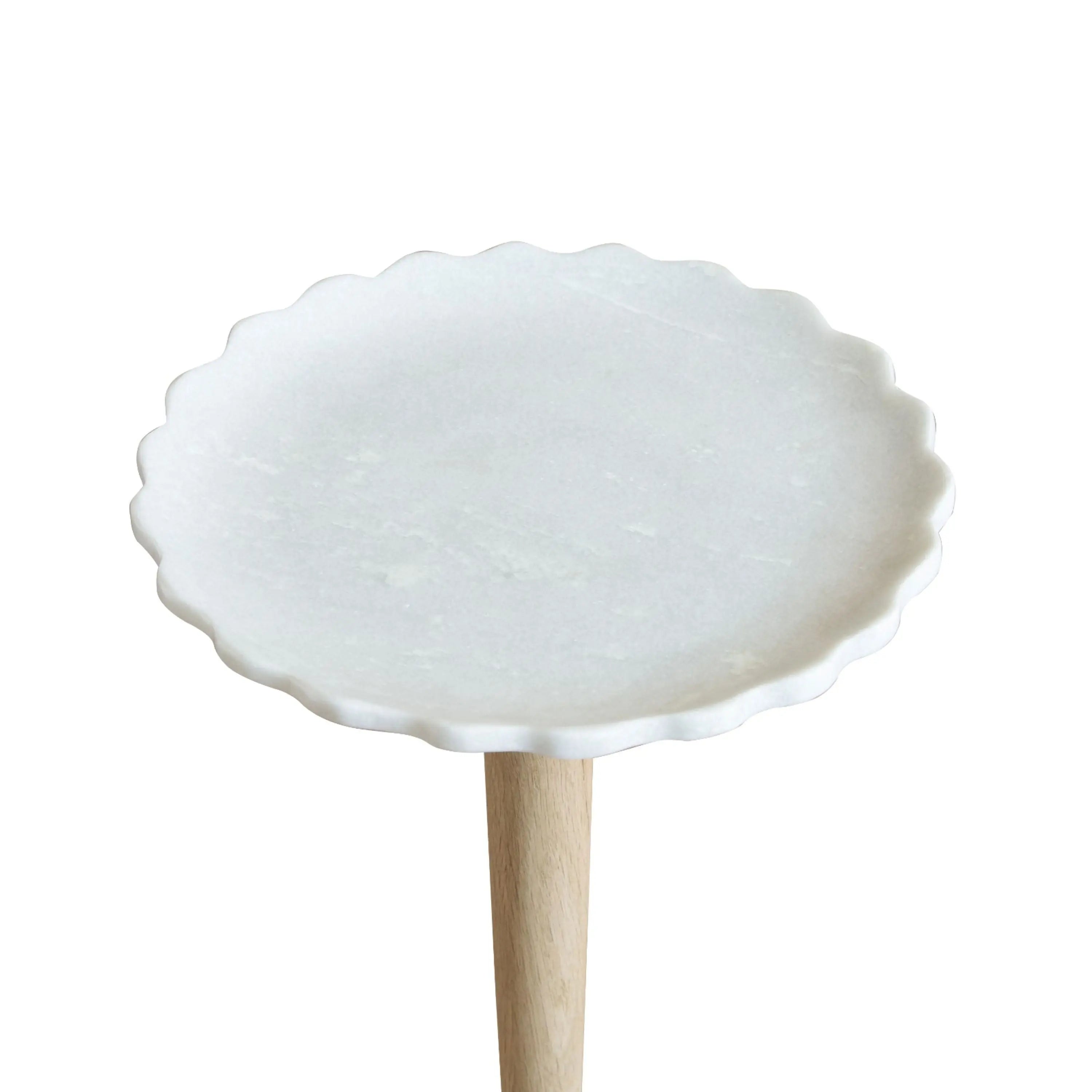 26" White and Brown Marble and Solid Wood Round Pedestal End Table Homeroots Living Room