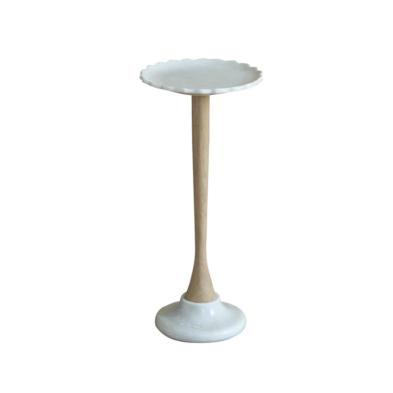 26" White and Brown Marble and Solid Wood Round Pedestal End Table Homeroots Living Room