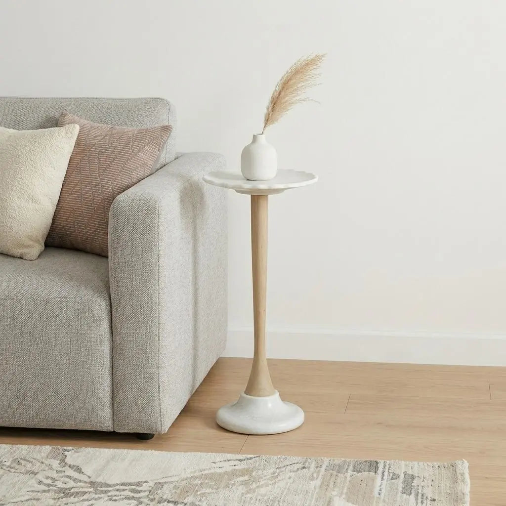 26" White and Brown Marble and Solid Wood Round Pedestal End Table Homeroots Living Room