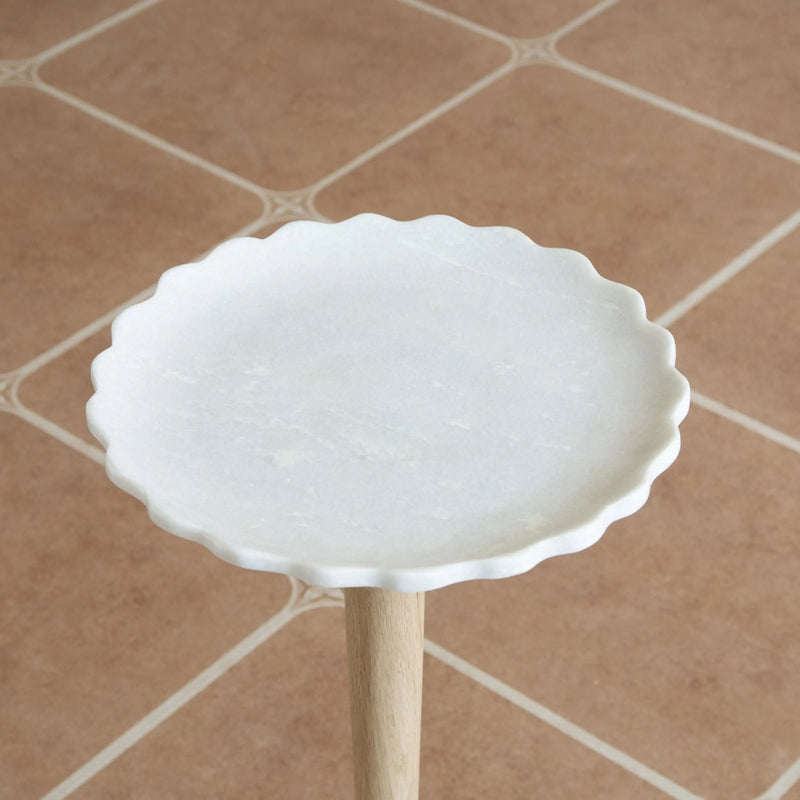 26" White and Brown Marble and Solid Wood Round Pedestal End Table Homeroots Living Room