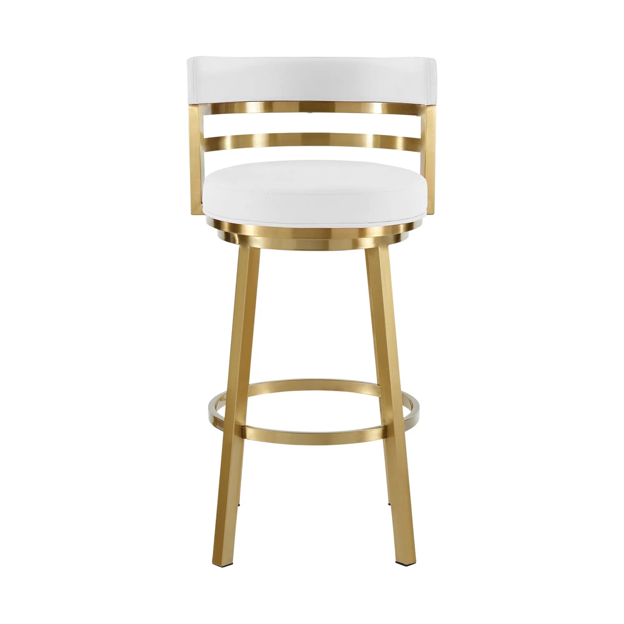 26" White and Gold Faux Leather and Stainless Steel Low Back Counter Height Swivel Bar Chair Homeroots Living Room