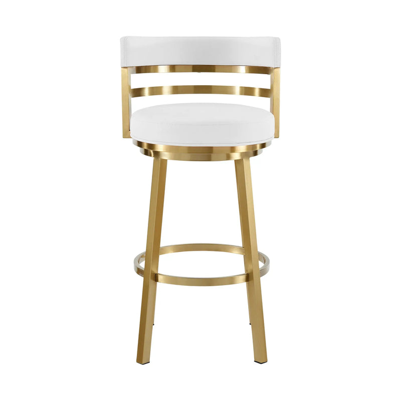 26" White and Gold Faux Leather and Stainless Steel Low Back Counter Height Swivel Bar Chair Homeroots Living Room
