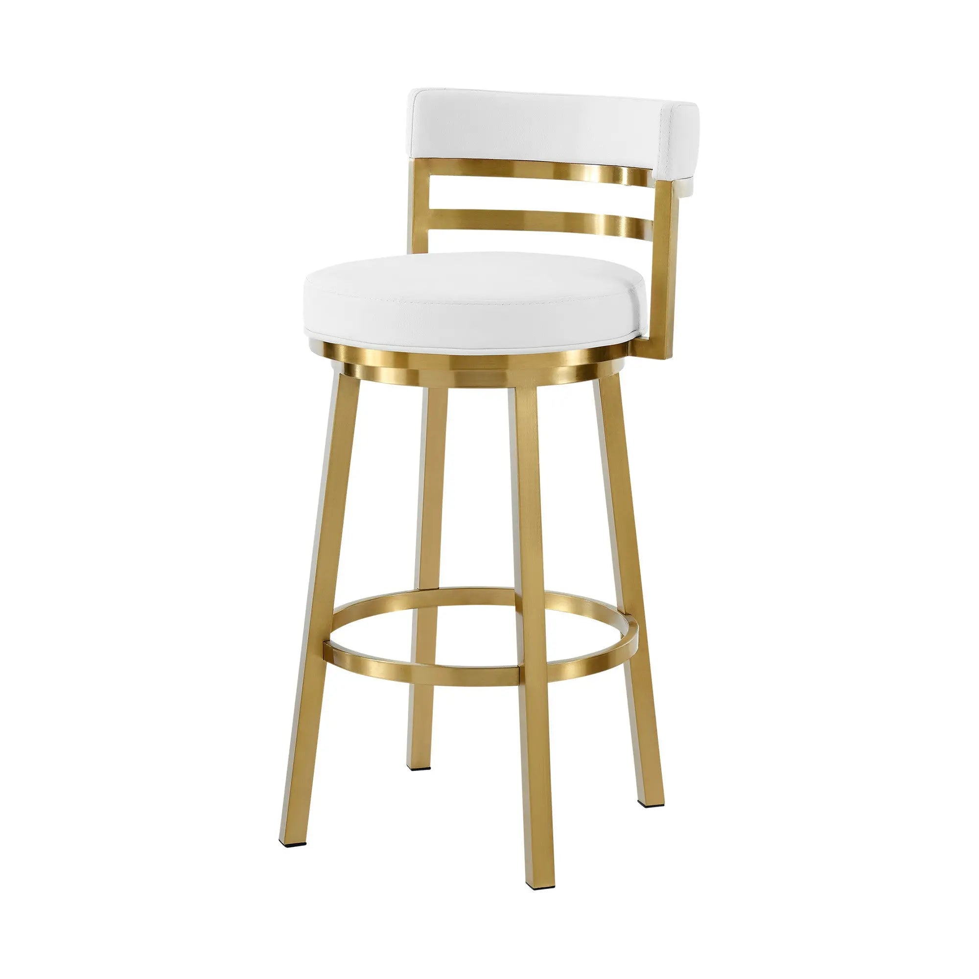 26" White and Gold Faux Leather and Stainless Steel Low Back Counter Height Swivel Bar Chair Homeroots Living Room