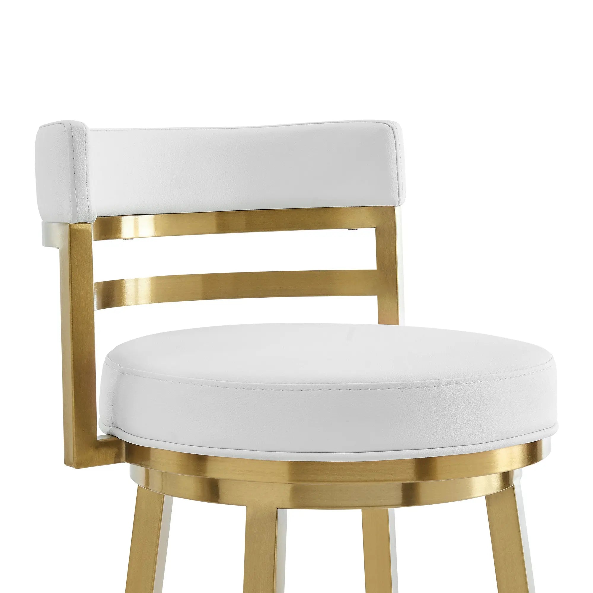 26" White and Gold Faux Leather and Stainless Steel Low Back Counter Height Swivel Bar Chair Homeroots Living Room