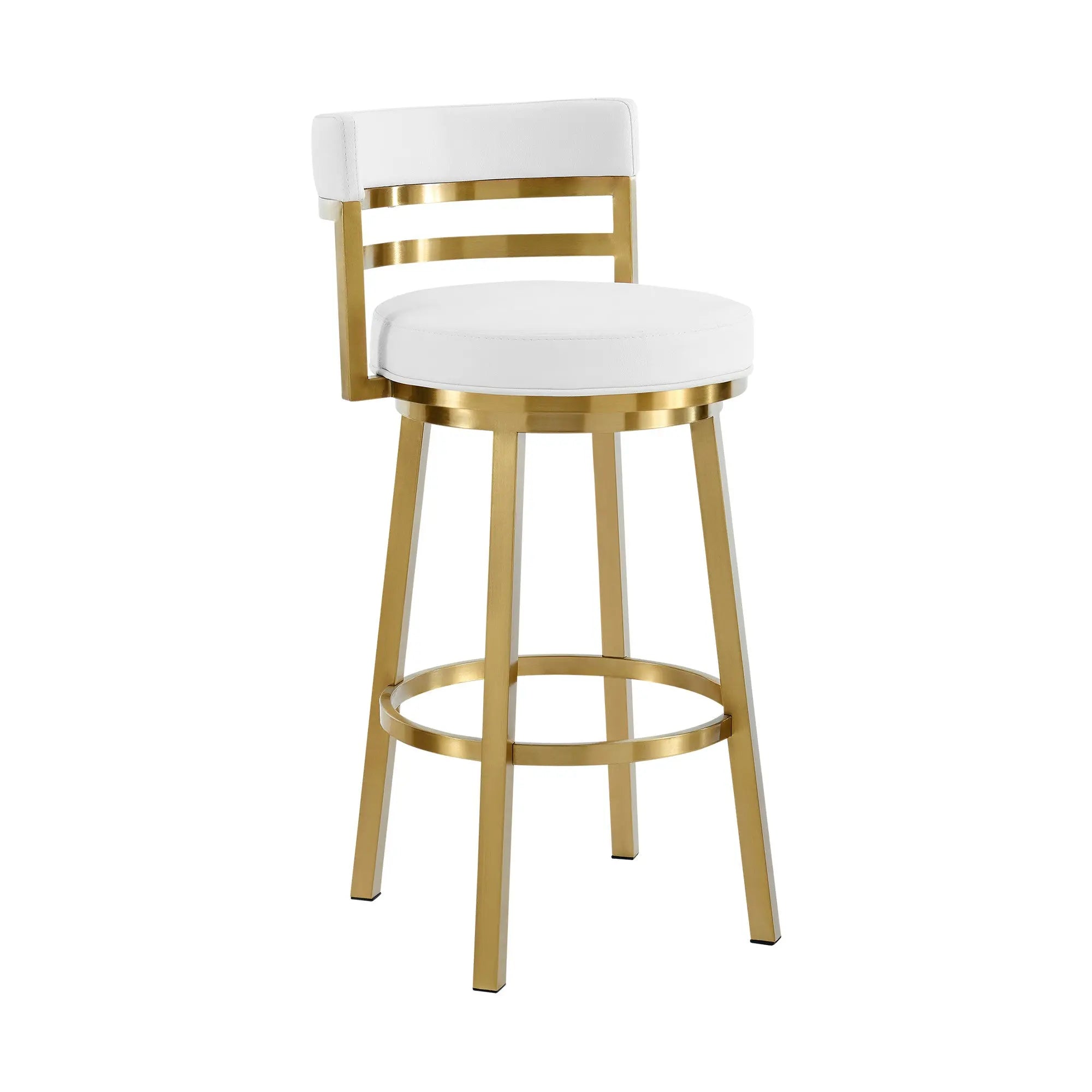 26" White and Gold Faux Leather and Stainless Steel Low Back Counter Height Swivel Bar Chair Homeroots Living Room
