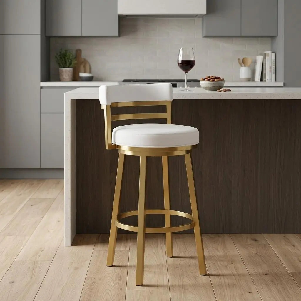 26" White and Gold Faux Leather and Stainless Steel Low Back Counter Height Swivel Bar Chair Homeroots Living Room